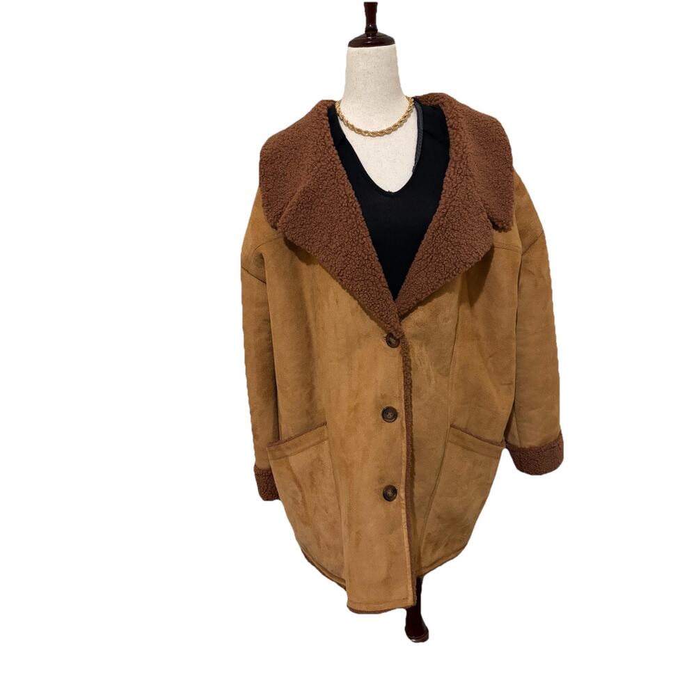 Free People Diogo Brown‎ Colorblock Coat Oversized Fuzzy Size XL - Picture 2 of 7